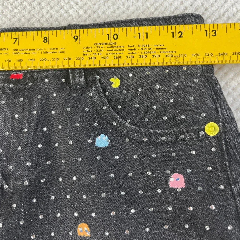 Justice Pac-Man Girls Black Denim Rhinestone Shorts Size 14 Retro Gaming Graphic